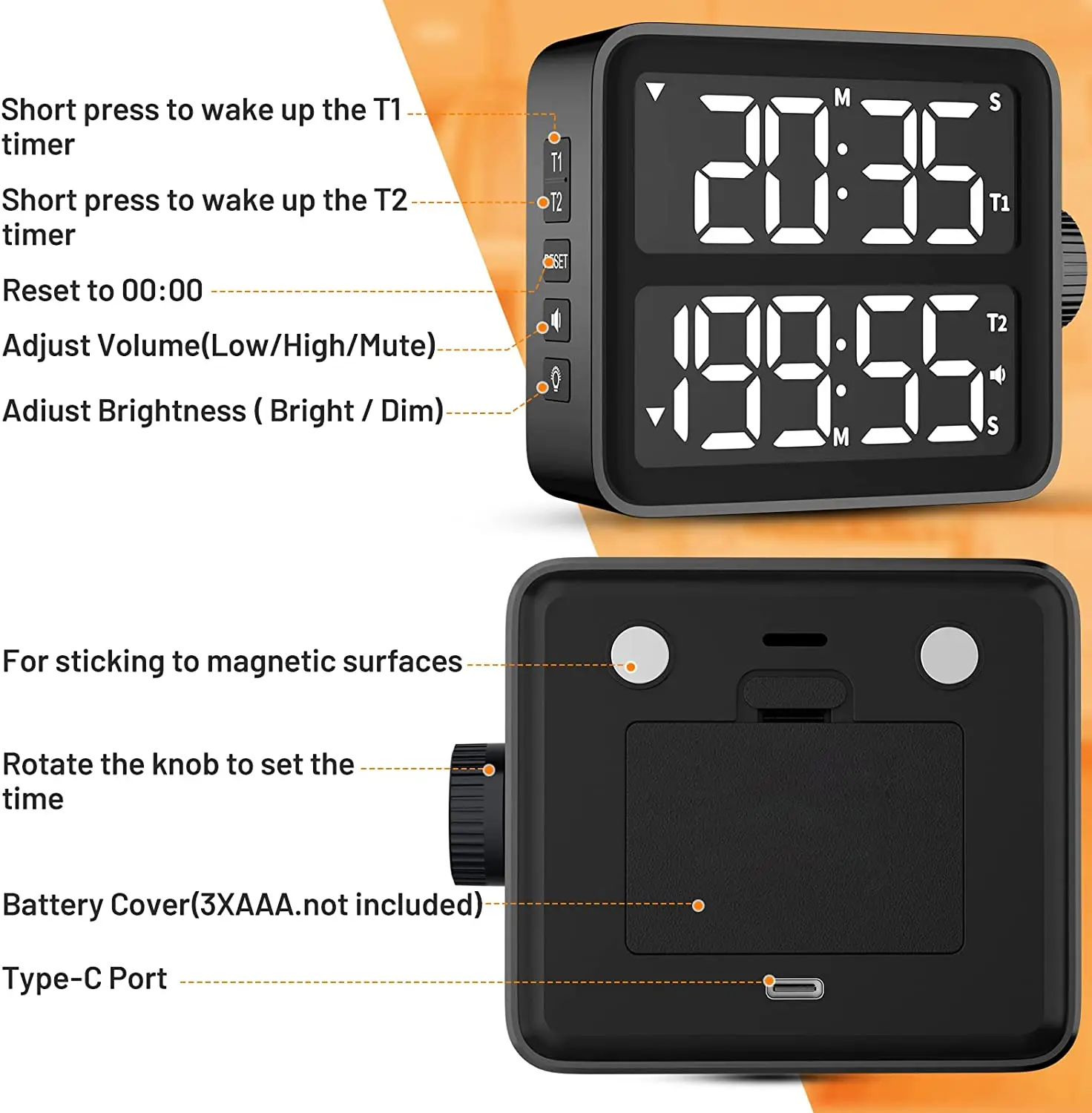 Kitchen Accessories Large LCD Digital Timer , Dual Screen Kitchen Timer, Indoor Study Timer, Bedroom, Bedside, Desktop Timer