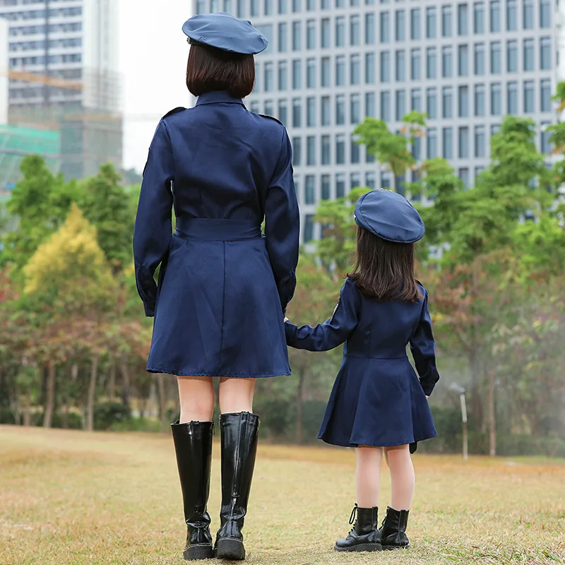 زي شرطة نسائي أزرق غامق، زي تنكري للهالوين، زي موحد للعب الأدوار، زي للتصوير الفني للوالدين والأطفال