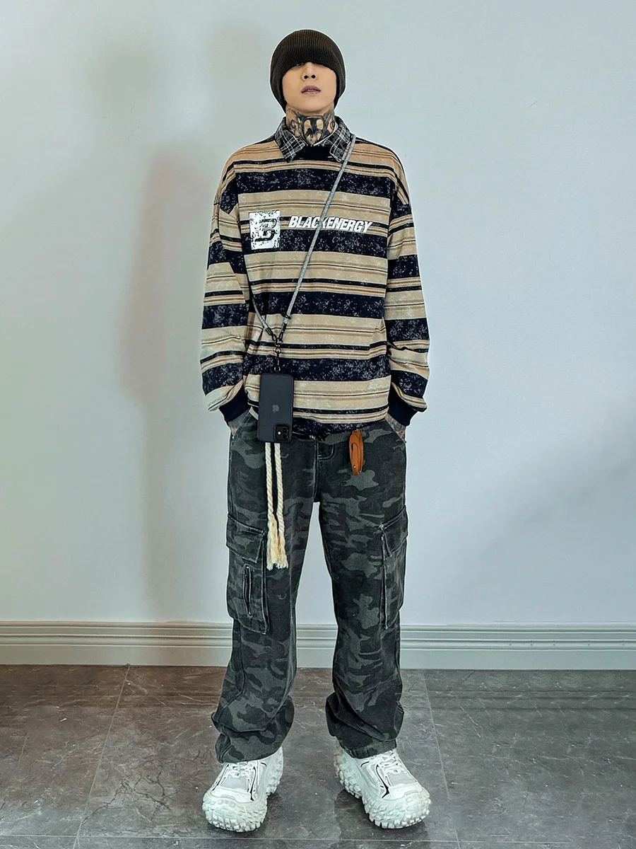 

American High Street Retro Camouflage Work Pants Men's Versatile Slim Loose Straight Leg Wide Leg Long Trousers Trendy
