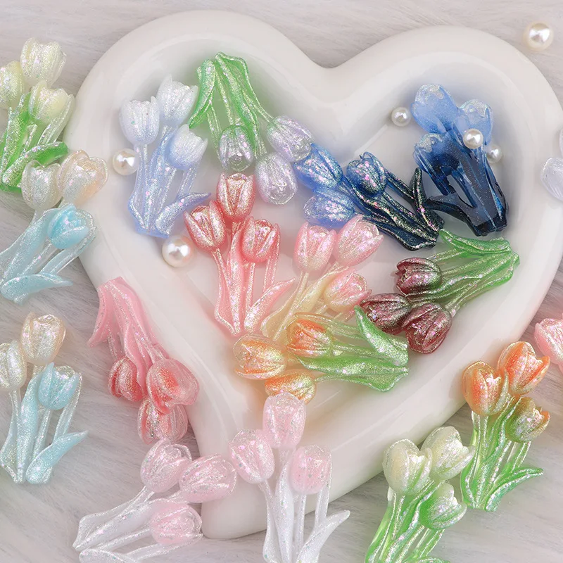 100PCS DIY Resin light Variable Tulip Bouquet 49X33MM Mobile Phone Case Accessory Material Package Hair Clip Patch