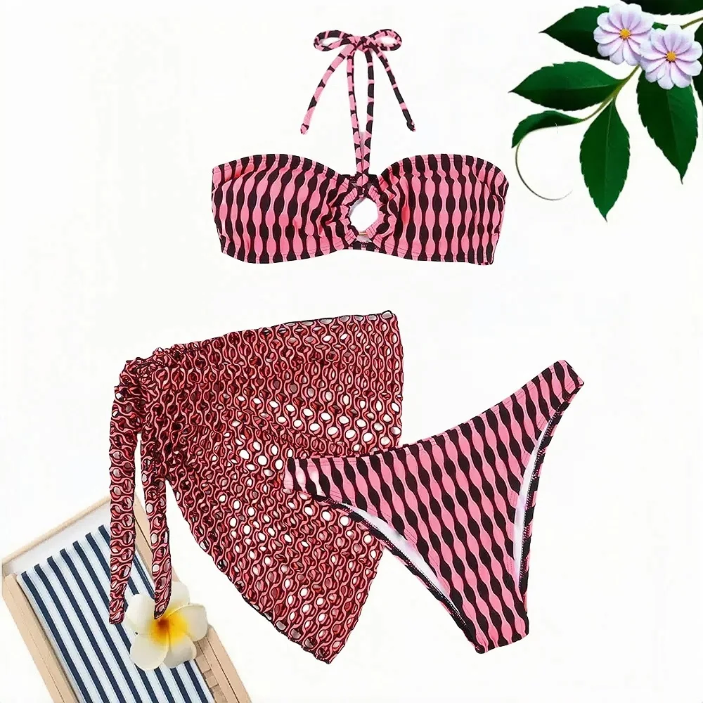 

2024 Summer Sexy Bikinis Set Halter Neck Swimsuit 3 Piece Swimsuit Triangle Bikini Mesh Skirt Beach Swimwear Women Swimsuit