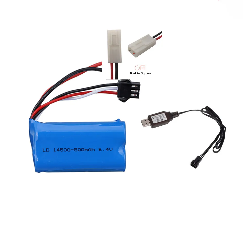 Akumulator litowo-jonowy 6,4 V 500 mAh z ładowarką USB do zabawek RC Wltoys 18401 18402 Samochody Łodzie Części zamienne Akumulator 6,4 V 14500 1