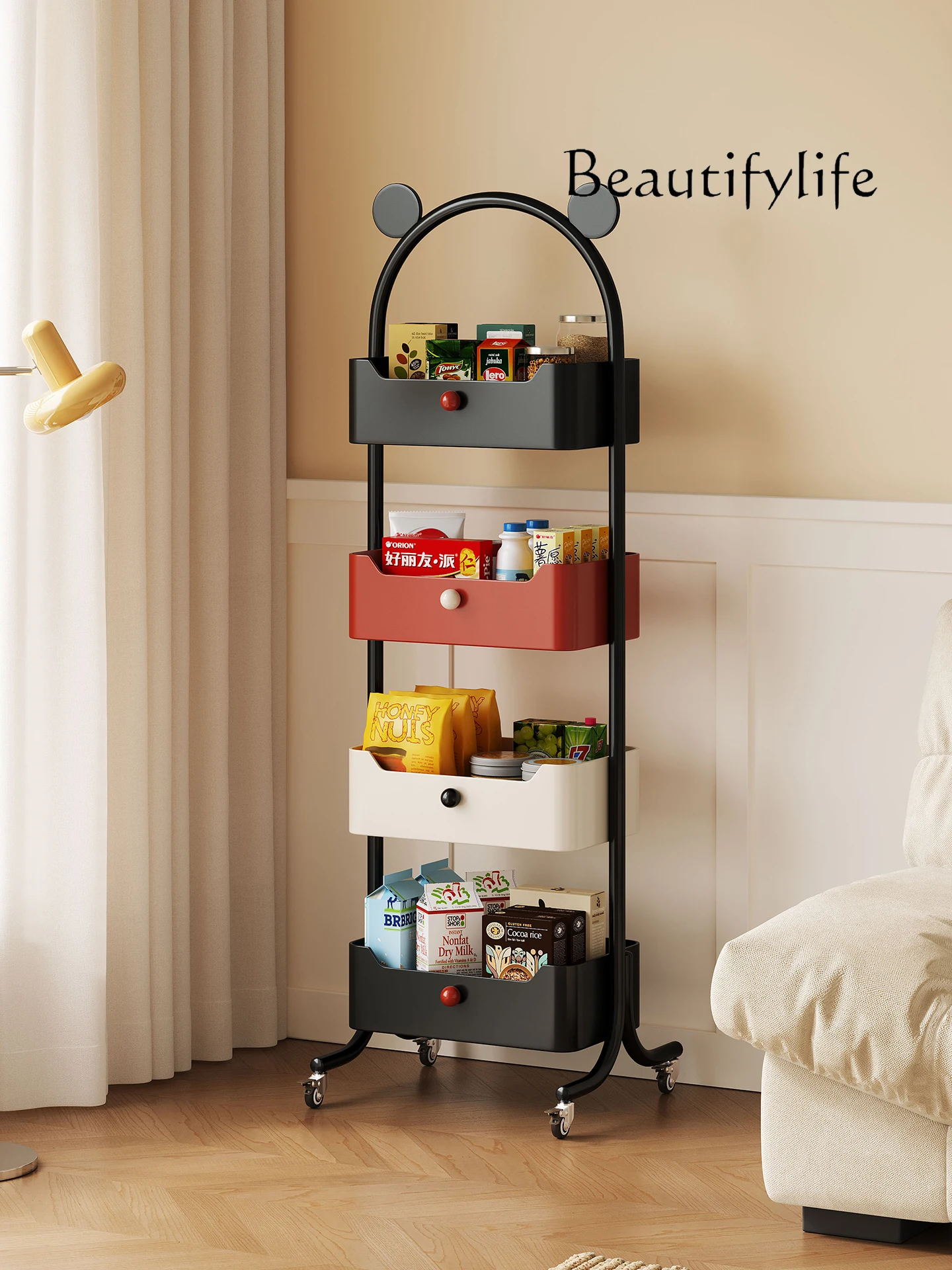 Snack and beverage storage rack with wheel movable crevice trolley shelf floor storage cabinet multi-layer storage cart