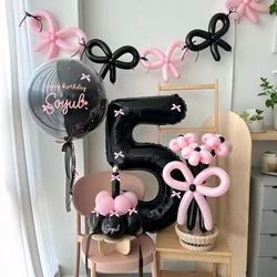 45 Pieces Pink Latex Balloon Black Number Balloon Set Pink Butterfly Birthday Party, Anniversary Decoration (0-9)