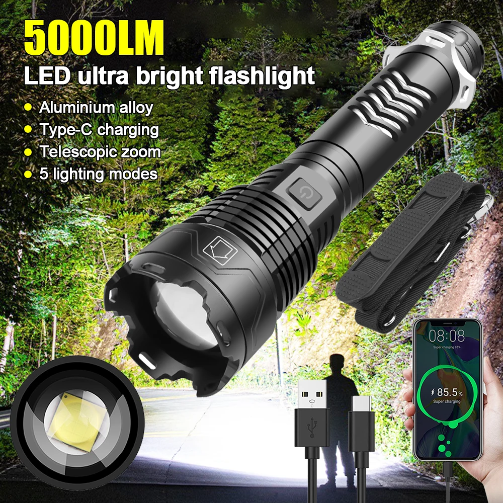 100W Strong Light LED Flashlight Zoomable Long Range Tactical Torch Mini  Flashlight USB Rechargeable Outdoor Camping Lantern