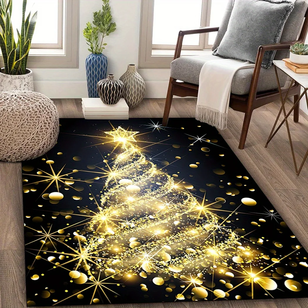 1pc Shiny Golden Christmas Tree Pattern Area Rug, Easy To Clean,Versatile Holiday Home Decor, Ideal Gift Perfect for Living Room