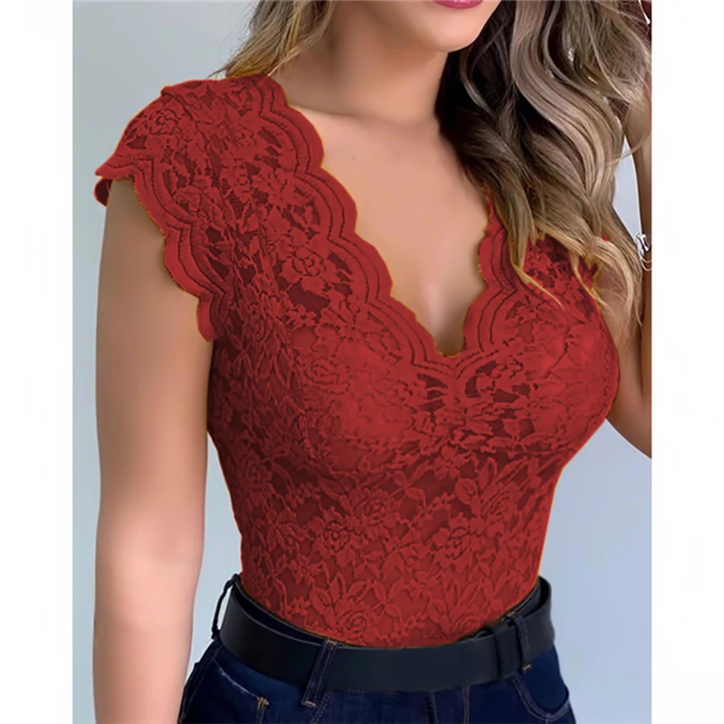 New Women Slim Tunic Lace V Neck T-shirt 2023 Sexy Elegant Summer Short Sleeve T Shirt Lace FlowerTops T-shirts