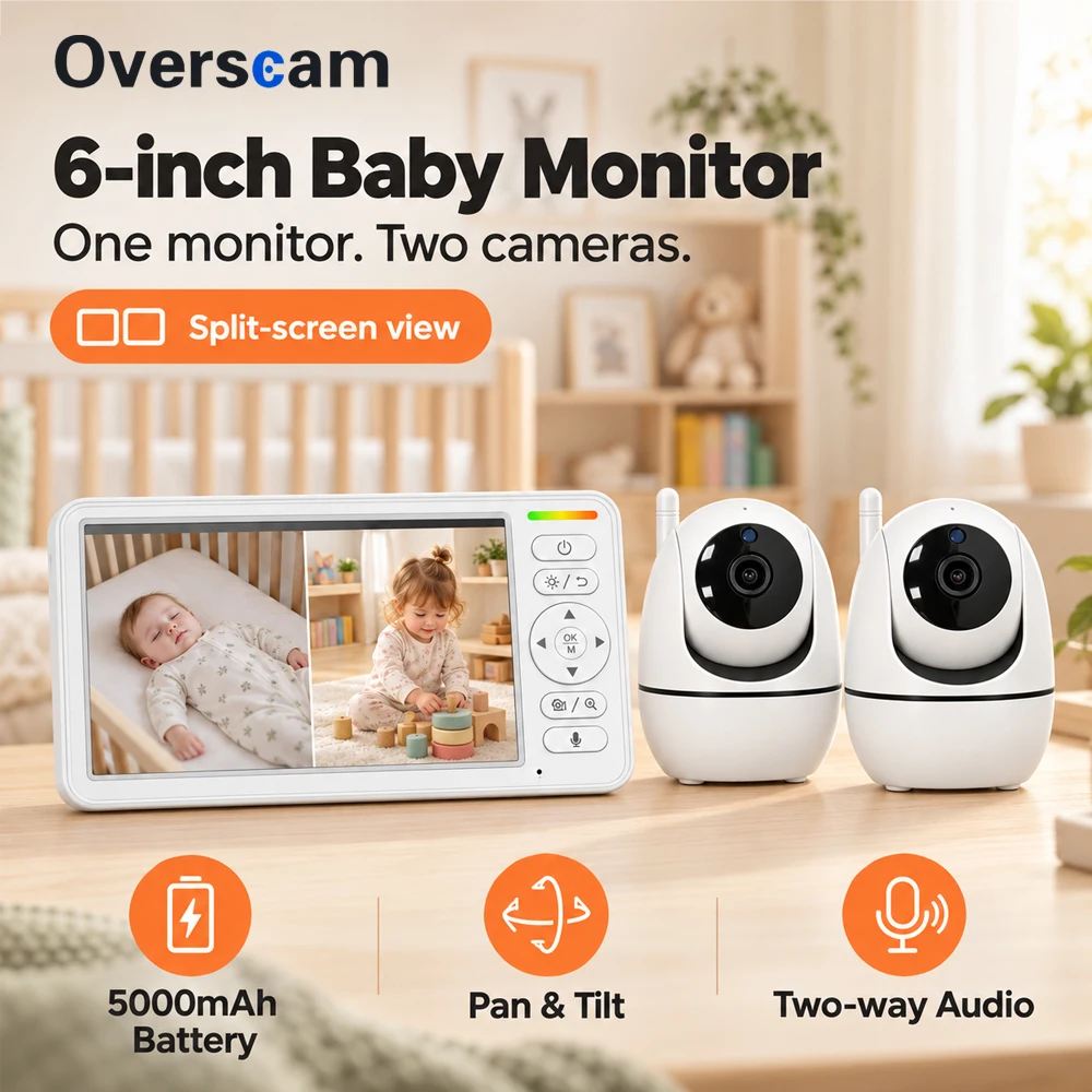 6 Inch Video Baby Monitor 2 PTZ Cameras Split Screen 5000mAh Battery Two Way Audio Pan Tilt VOX IR Night Vision Baby Care Camera