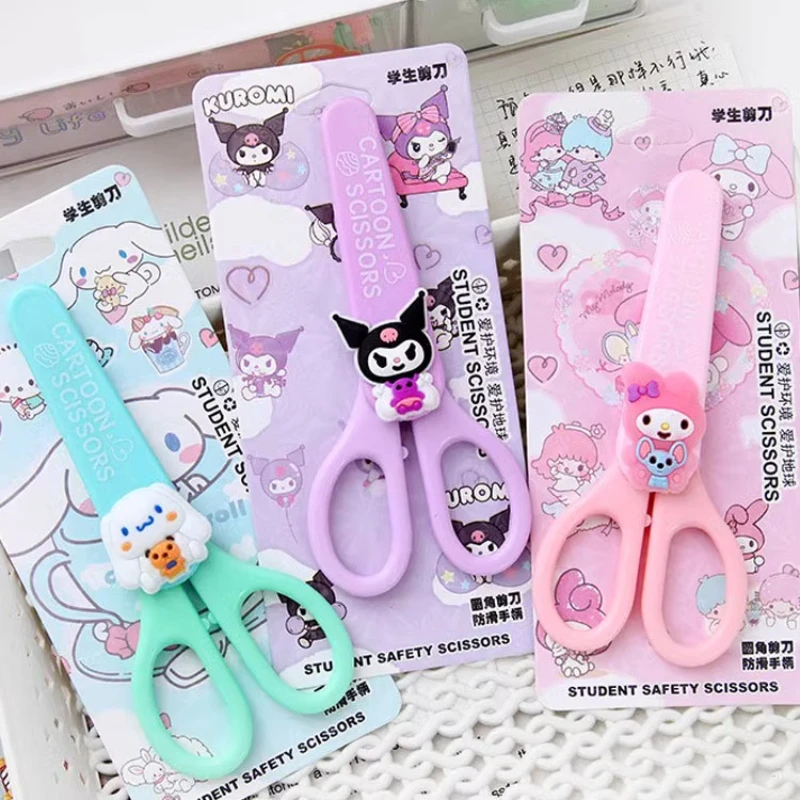 Kawaii Sanrio Tesoura de Segurança com Tampa, Kuromi Hello Kitty My Melody, Bonito Conjunto De Corte DIY, Material De Papelaria Escolar