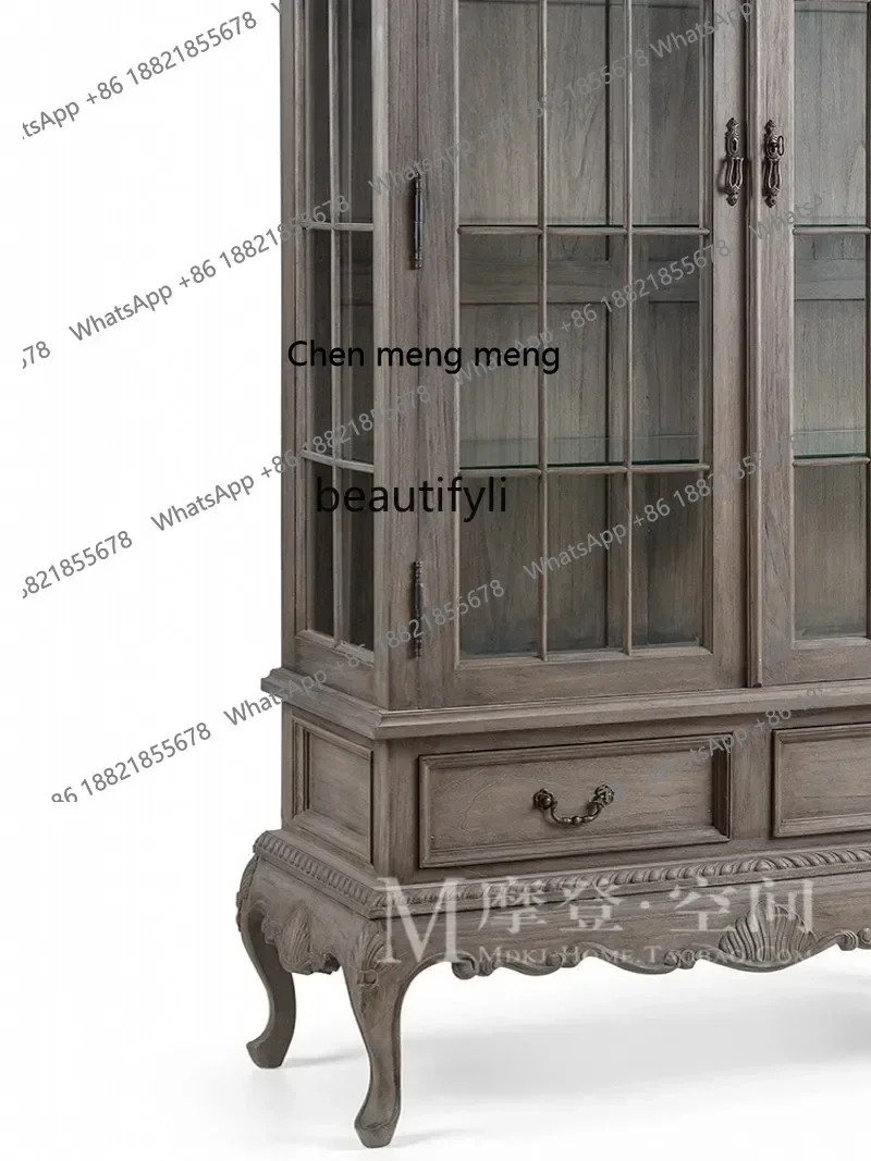 ตู้เก็บไวน์ไม้โอ๊คโบราณสไตล์อเมริกันแบบย้อนยุค ประตูกระจกคู่ทรงโค้ง สำหรับห้องนั่งเล่น ตู้ข้างโต๊ะอาหาร