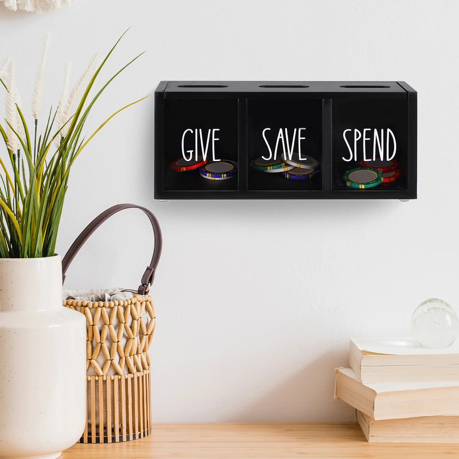 

Wooden Money for Large Capacity Clear Front Save Spend Give Sectioned Save Spend Give Box Savings Bank Cash Storage