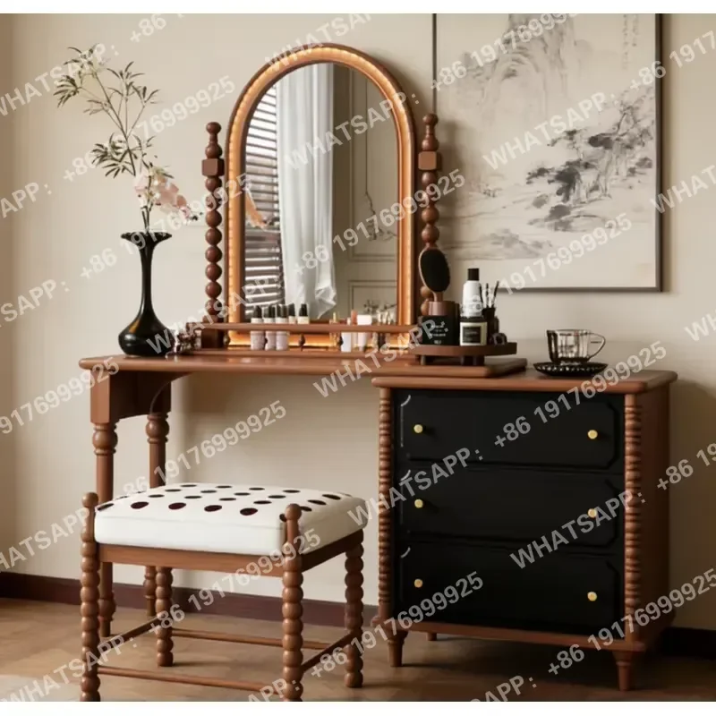 Modern Durable Wooden Makeup Vanity Table Set with Decorative Mirror Stool and Storage Drawers for Bedroom Dressing Furniture