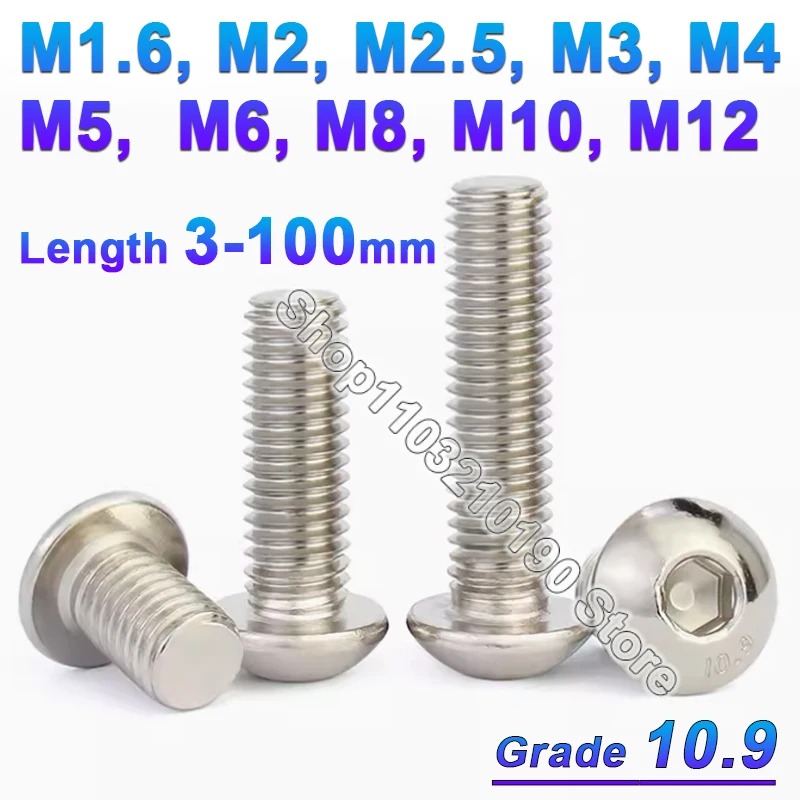 

Grade 10.9 Nickel Plated Hexagon Hex Socket Round Button Head Screws M1.6 M2 M2.5 M3 M4 M5 M6 M8 Allen Furniture Bolt L=3-50mm