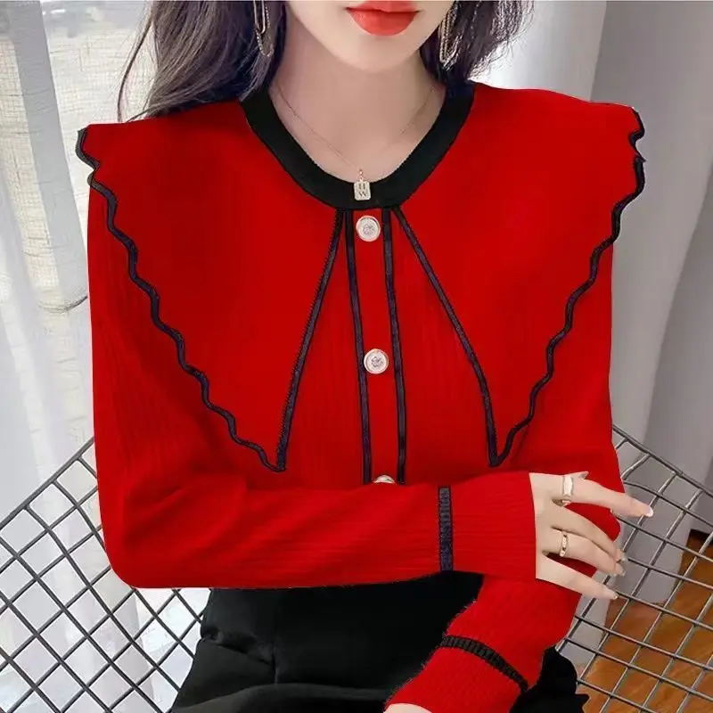 Large Size Women's Knitted Sweater New Color Blocking Pullover Long Sleeved Sweater Loose Slimming Top for Women