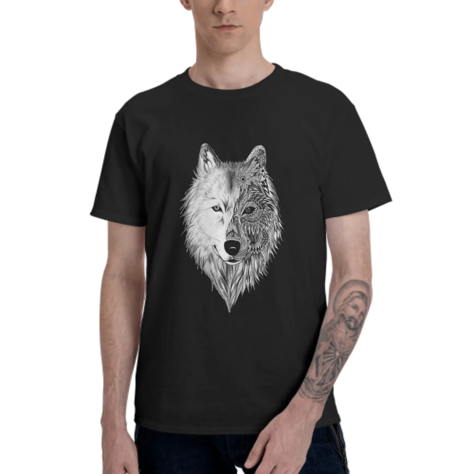 

Floral Wolf T-Shirt for Men Cotton 100% Women Summer Tops Fashion Casual Round Collar Short-Sleeve Animal Couple Tees