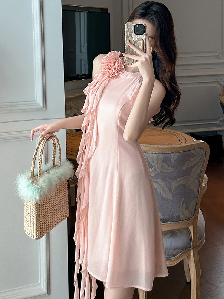 New Summer Fashion Pink Chiffon Evening Dress Women Clothes Elegant Sweet Flower Sleeveless Slim Short A-Line Party Prom Vestido