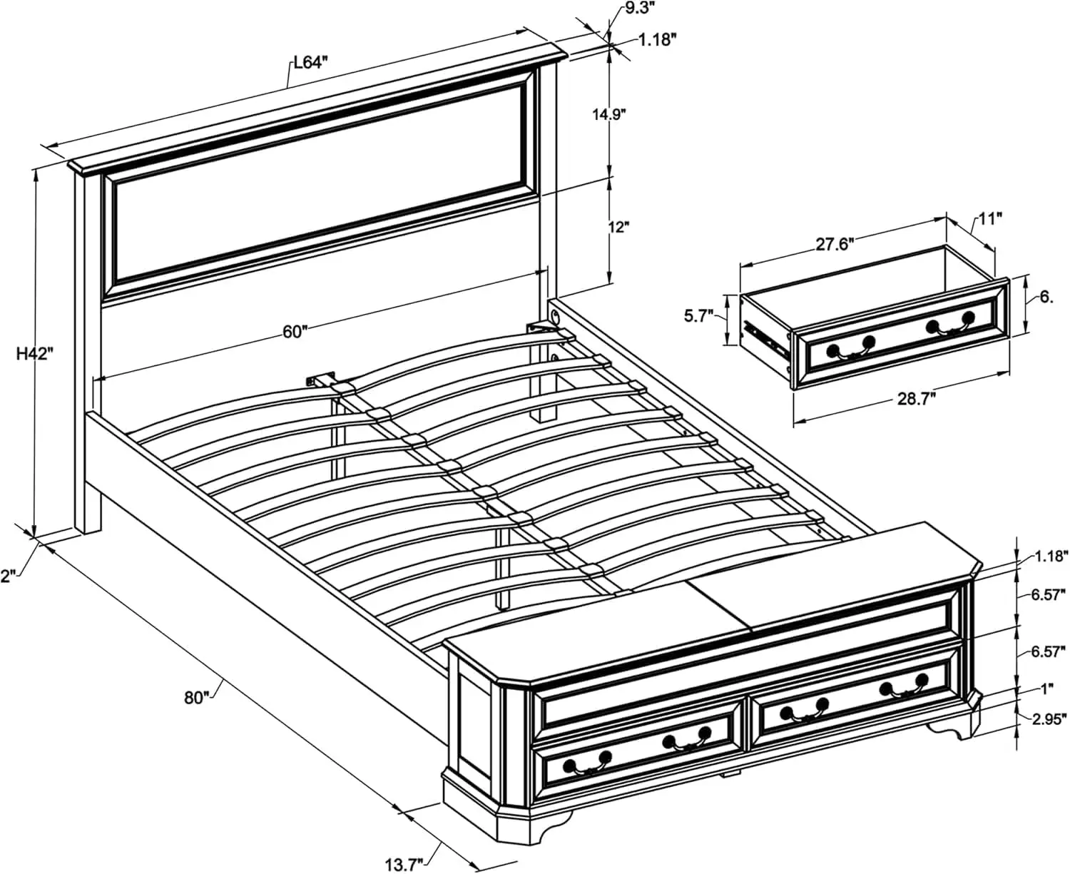 سرير كوين للمزرعة مع لوح أمامي ومقعد تخزين، سرير بمنصة خشبية ريفية مع صندوق تخزين 64 بوصة مع 4 أدراج تخزين كبيرة