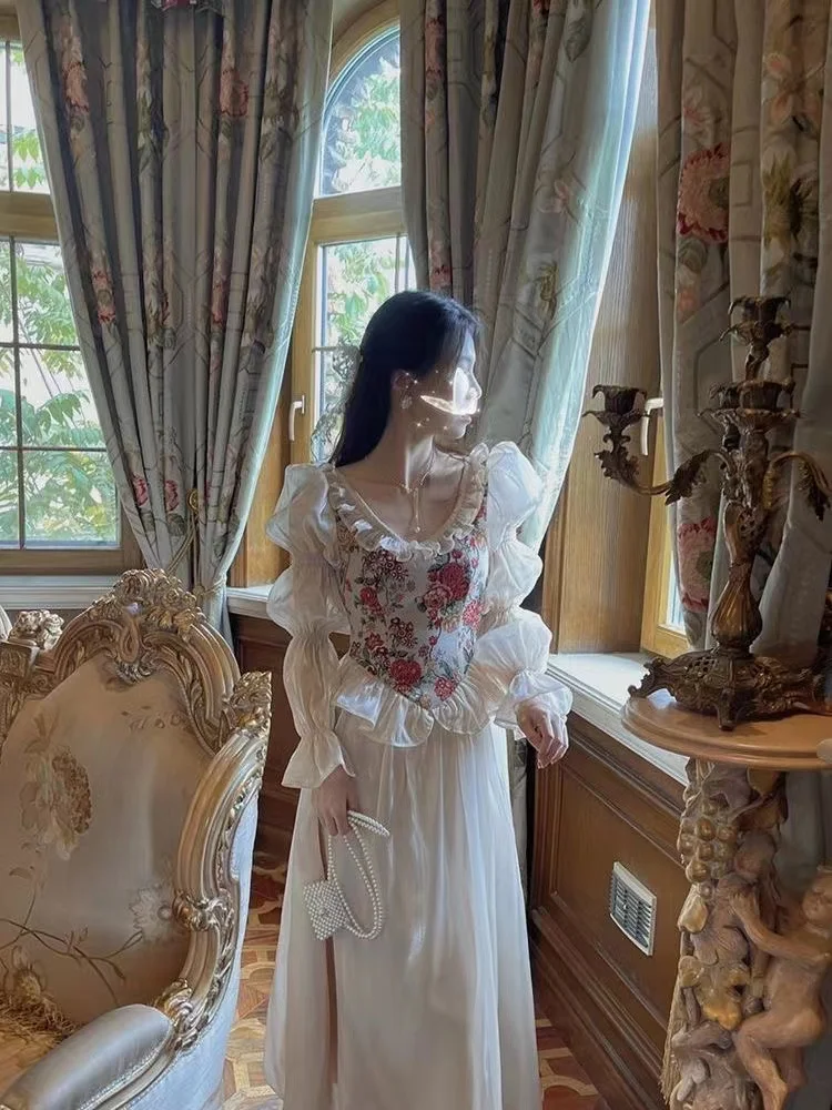 

Women European Medieval Retro Court Princress Dress Bubble Sleeve Long Ball Gown Cosplay Costume Vintage Gothic Elegant Skirt