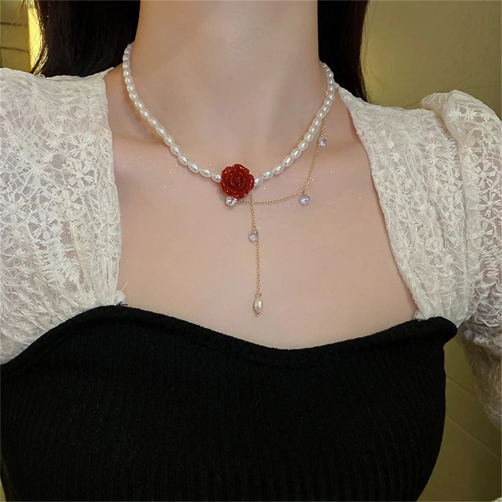 Red Rose Flower Crystal Pearl Necklace Exquisite Design Double Layer Rhinestone Clavicle Chain Chram Jewelry Accessories