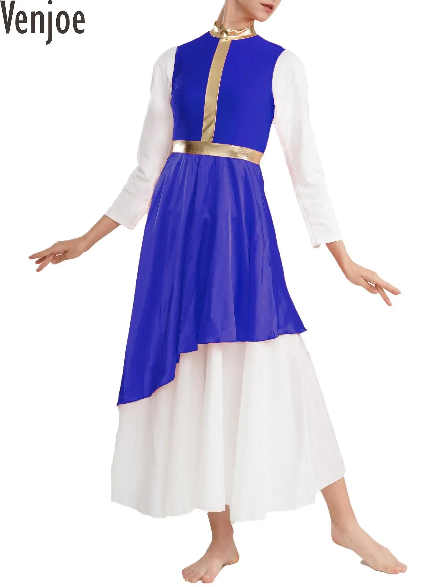 Abito da ballo moderno lirico da donna abito da ballo senza maniche con orlo asimmetrico Flowy Dancewear Costume da spettacolo del coro della chiesa