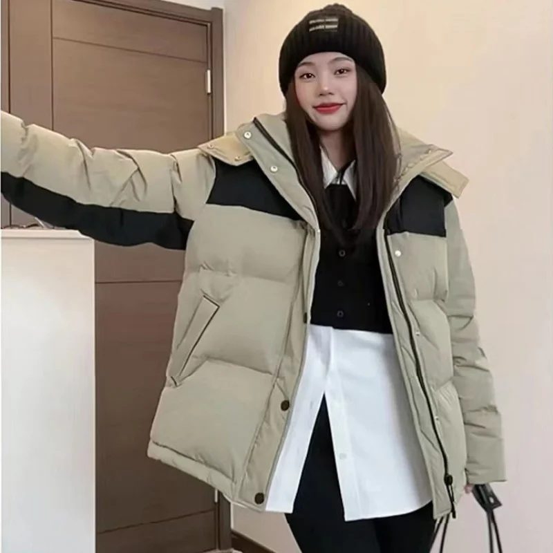 Couple 2023 Down Jackets Hooded Color Blocking Women Korean Men White Duck Thickened Winter Coats Pocket Commuting Double Collar