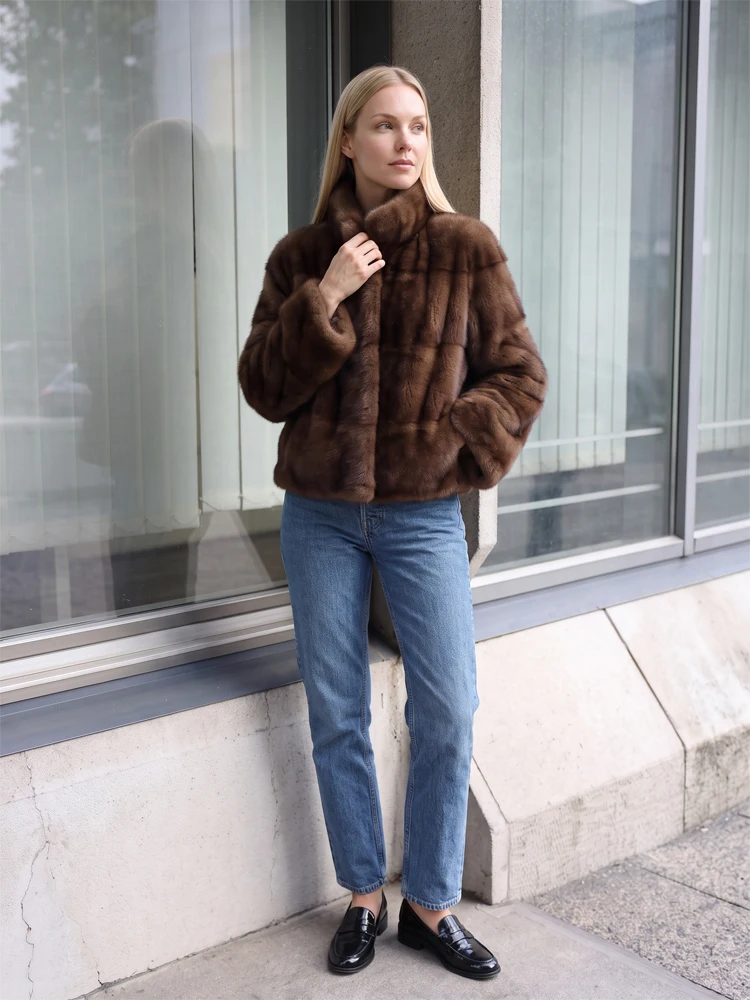 Women Short Luxury Plush Faux Mink Fur Coat Stand Collar Zip Front Thick Winter Jacket Soft  Elegant Loose Casual Outer Garment