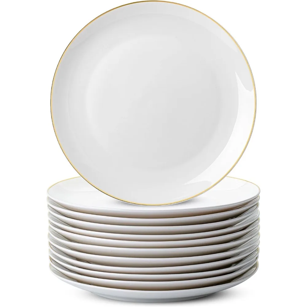 

Brew To A Tea - White Porcelain Dinner Plates, Set of 12, 10.5 Gold Rimmed, Classic Style, Formal Dining