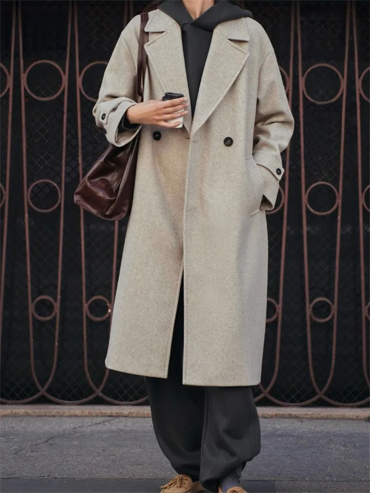 

Свободное модное женское пальто с карманами, отложным воротником, завышенной талией, длинными рукавами, зимнее, однотонное, с элементами пэчворка, верхняя одежда