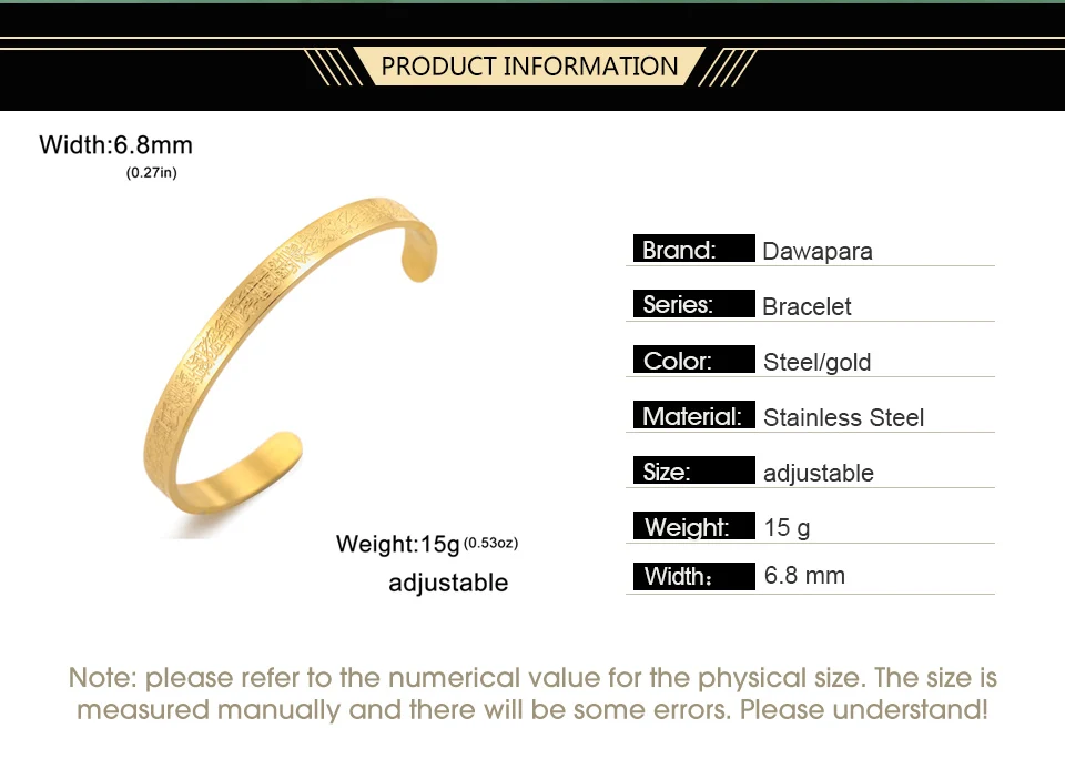 Dawapara Ayatul Kursi Koran Gebet Armreif Arbic Kalligraphie islamische muslimische Alhamdulillah Manschette Armband Edelstahl Schmuck – Detail 2