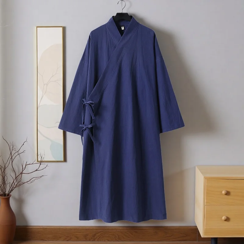

Мужской хлопковый льняной халат с поясом, японский сарафан для сауны, четырехсезонный носимый свободный крой, повседневное китайское пальто ханьфу