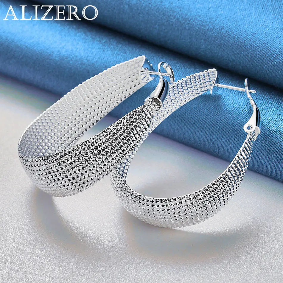 ALIZERO 925 Sterling Silver Oval Mesh U Hoop Earrings for Women Fashion Accessories Jewelry Unique Texture Perfect Gift Idea