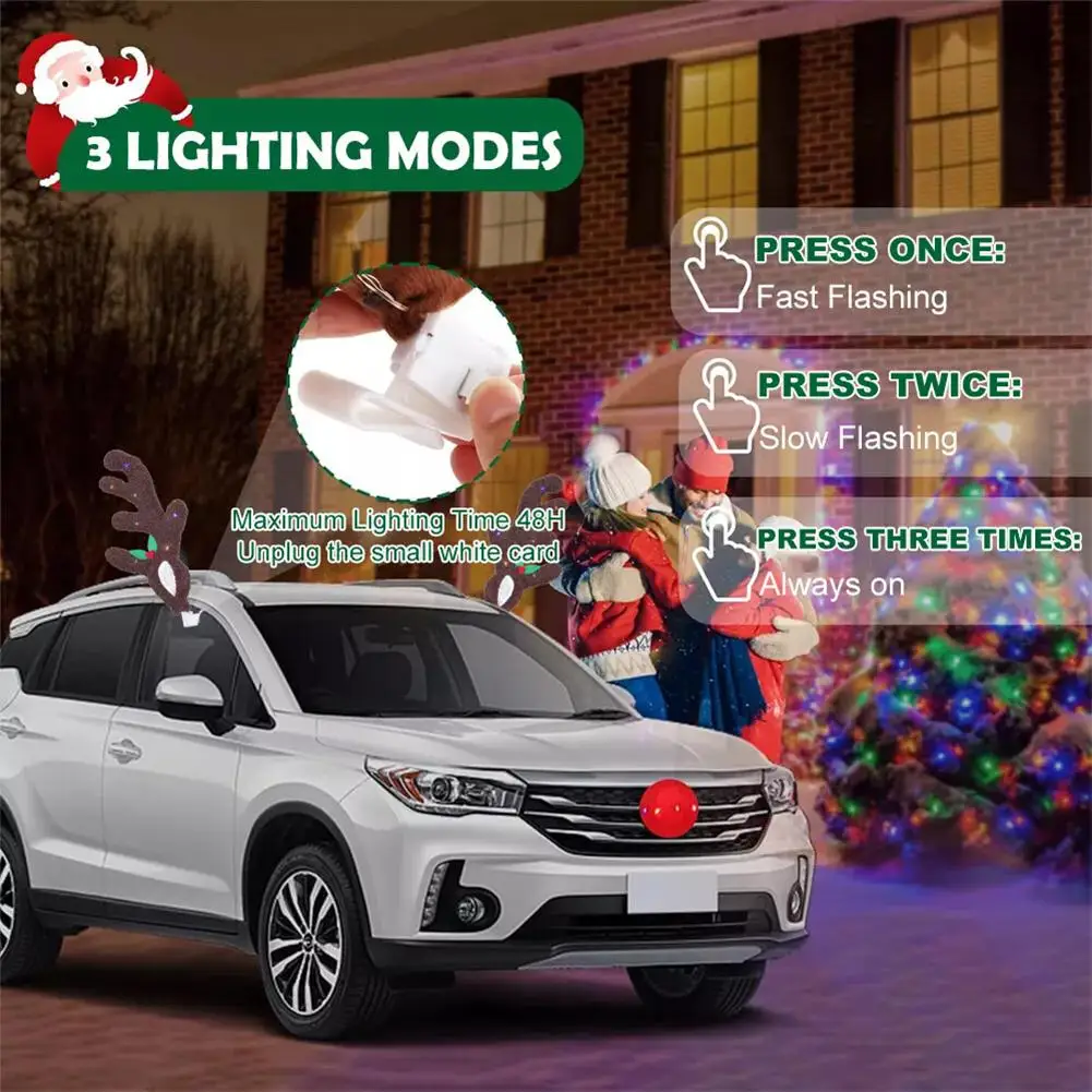 LED Luminous Christmas Car Antlers Decoration Vehicle Rudolph Christmas Reindeer Antlers Red Nose Ornament Car Accessories