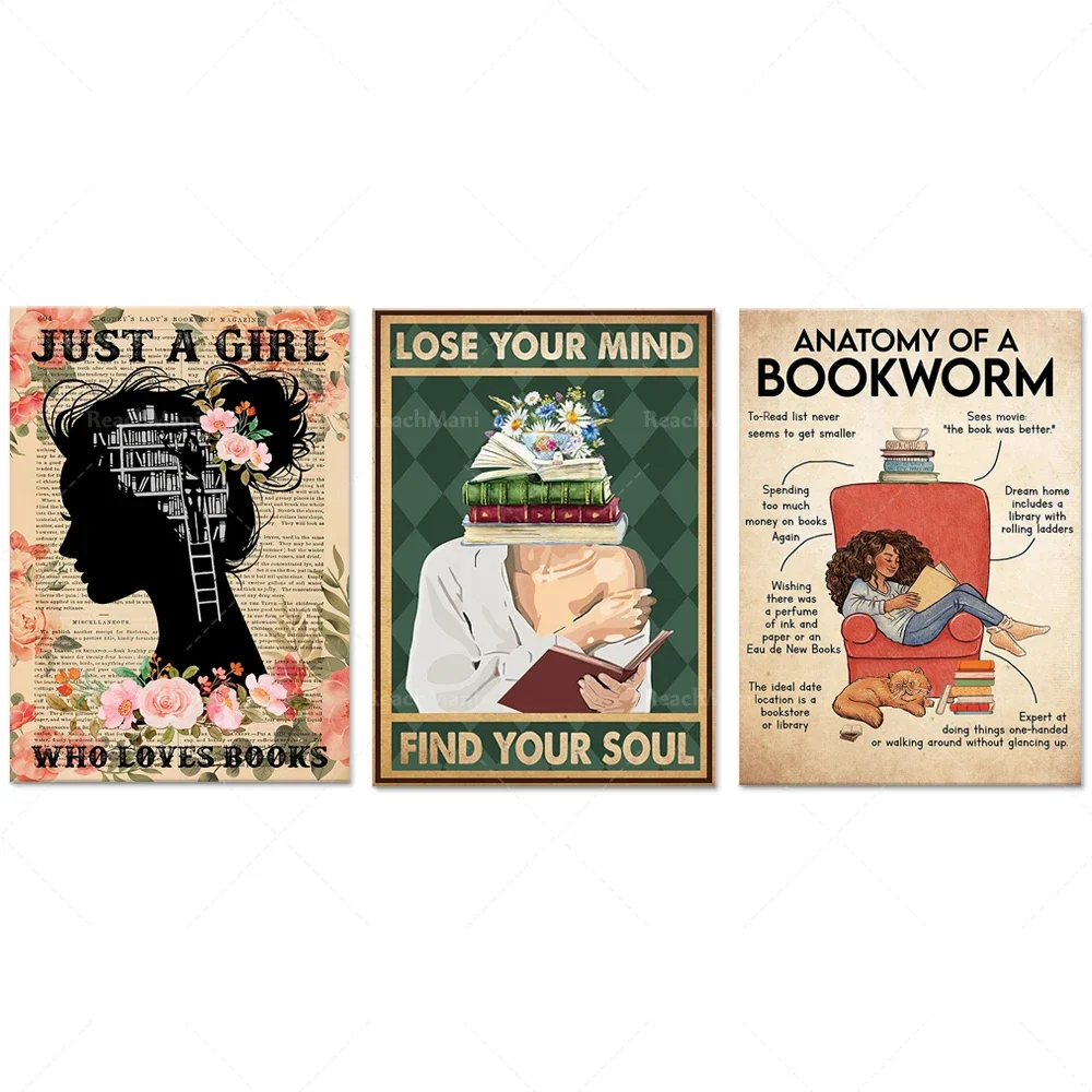 Bookworm Anatomy, Retro Girl Loves Reading Poster, Lose Your Mind and Find Your Soul, Book Lover Gif, Book Lover Bookworm Gift