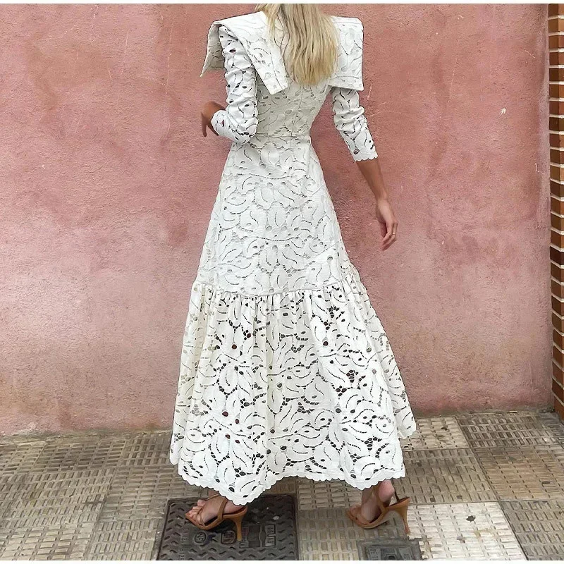 

Elegant Hollow Out Lace Maxi White Dress Women's Fashion Mock Neck Long Sleeved Shoulder Padded Robe 2024 Evening Females Wear