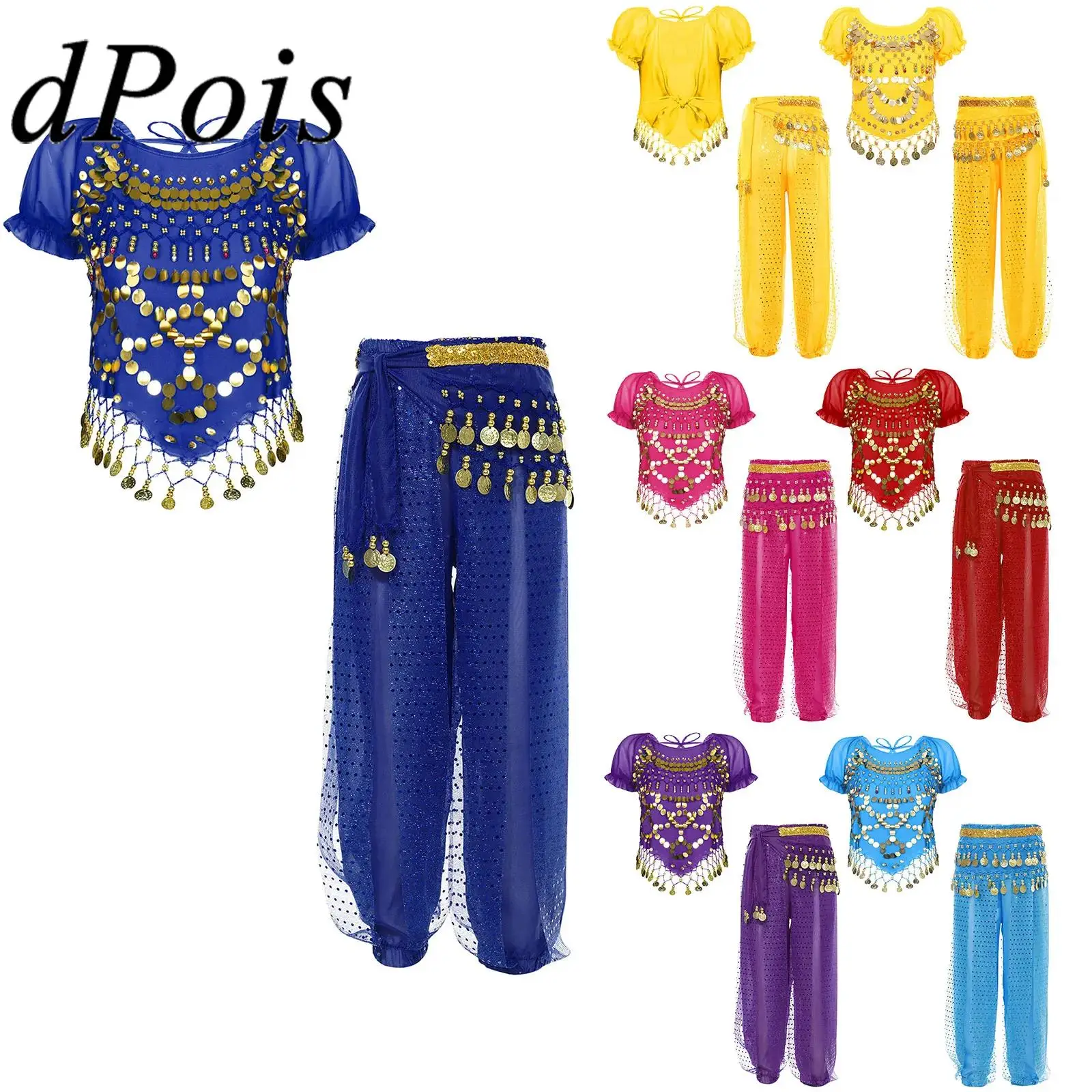 

Kids Girls Bellydance Sets Chiffon Belly Dance Costume Tassels Top Bloomers Pants Princess Party Dress Up Performance Suit