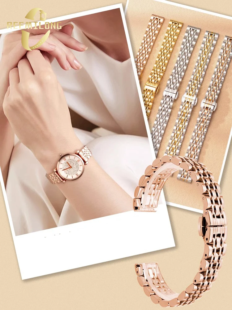 Stainless steel watch strap 6 8 10 12 14 15 16 18 19 20 22mm universal metal small size silver rose gold black women\'s watchband