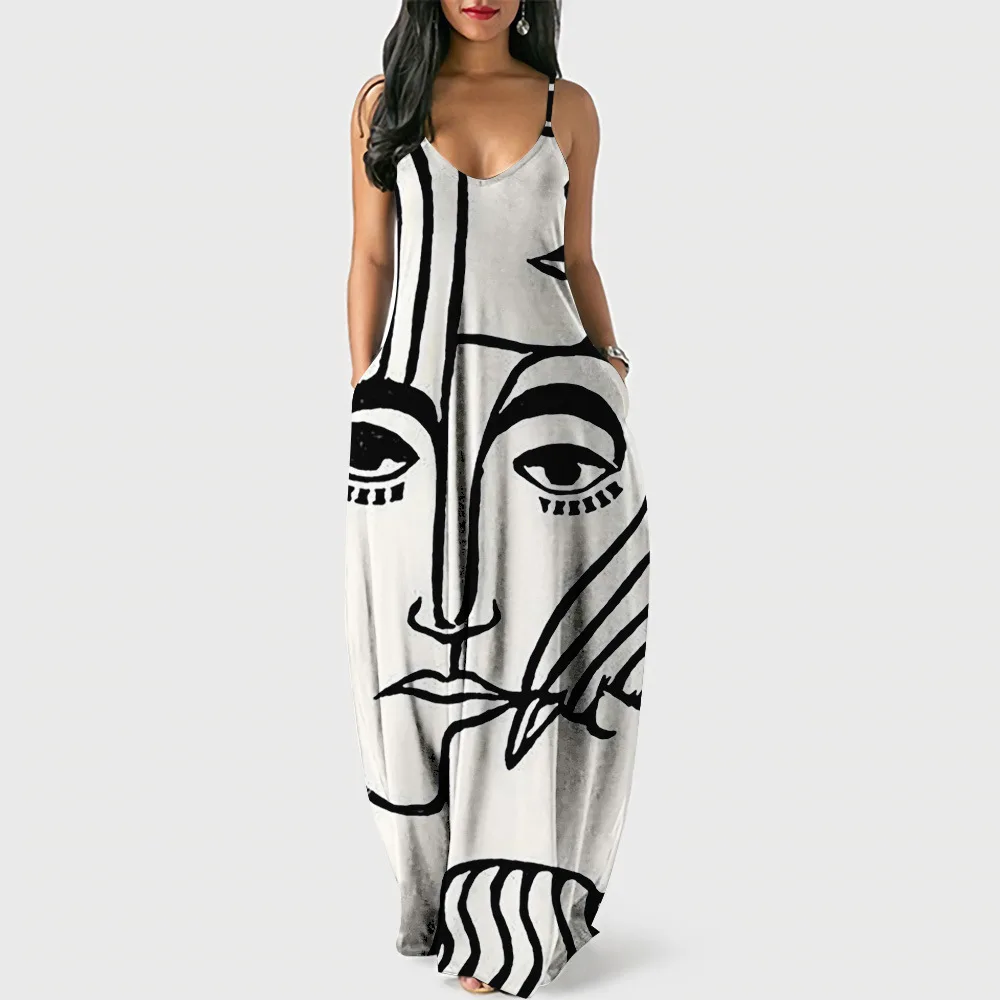 

Maxi Dresses Sexy Sleeveless Women Printed Causal Style Halter Summer Beach Dress Asymmetric Ladies Sling Long Dresses 2022