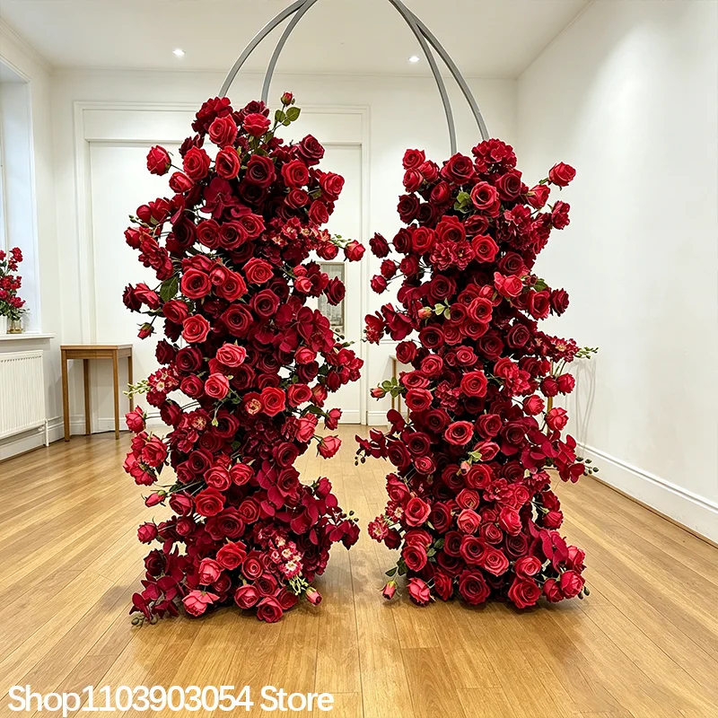 Rote Rosenblumenreihe, künstliches Blumenpaneel, stilvolles Deko-Accessoire, ideal für Hochzeitskulissen, Bühnen, Feiertagspartys und Event-Layouts. – Detail 7