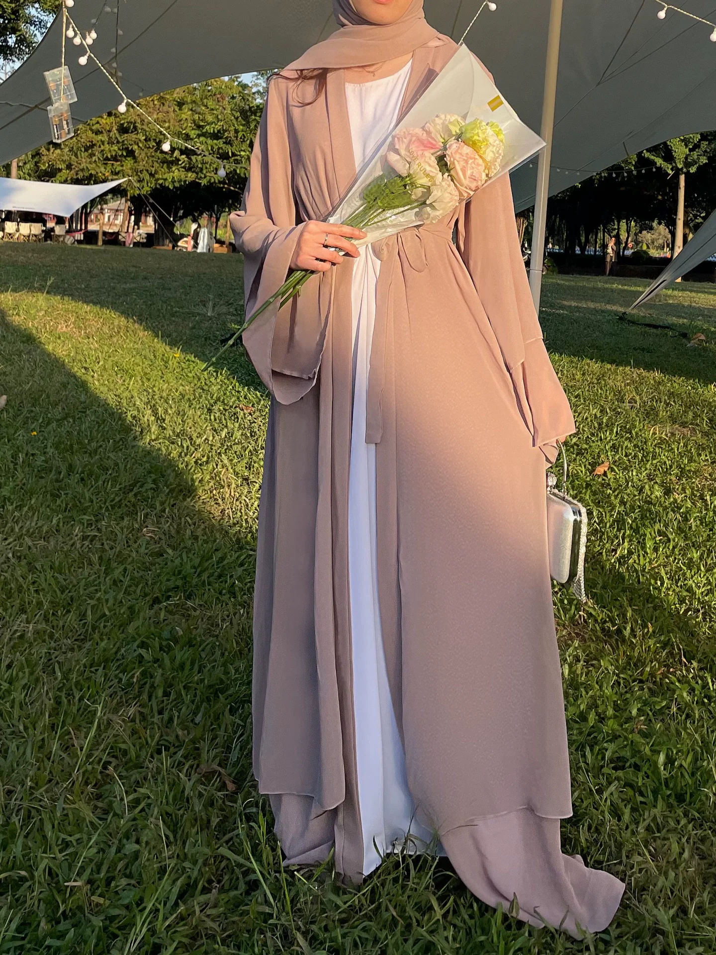 

Saudi Arabian Muslim Luxury Fashion Women's Middle East Two Piece Islamic Dress Abaya Robe Long Dress Prayer Dress Chiffon