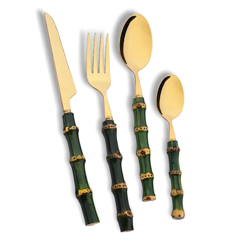 4Pcs Natural Bamboo Handle Dinnerware Set Green Handle Stainless Steel Cutlery Set Knife Fork Spoon Kitchen Flatware Tableware