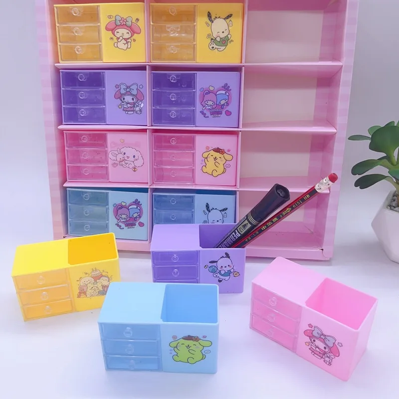 sanrio tres camadas caixa de armazenamento pen holder kuromi melody estudante gaveta organizador bonito pequeno caixa de joias anime presente 12 pcs 01