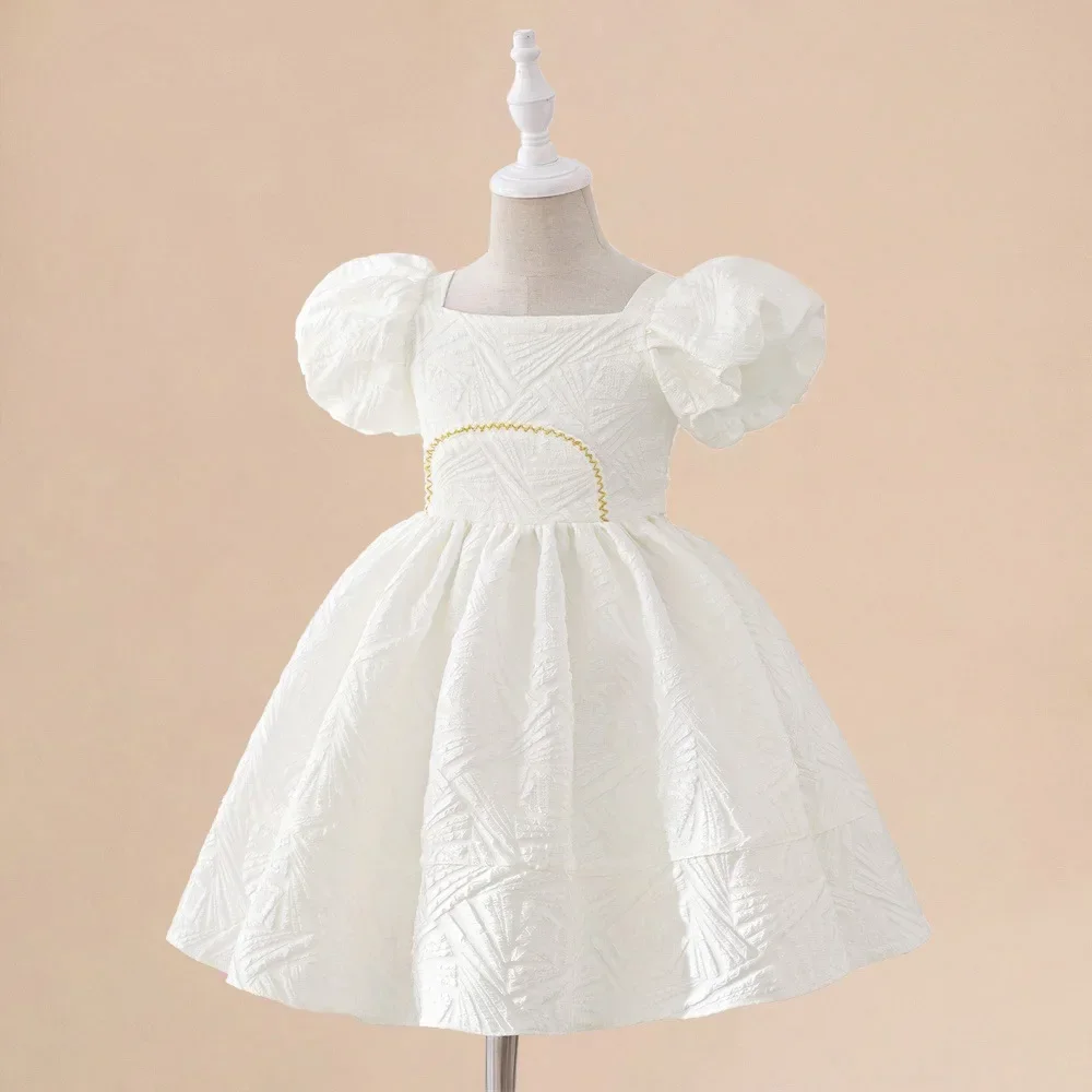 Elegant White Bridesmaids Girls Dress Flower Princess Birthday Party Dresses for Girl Puff Sleeve Ceremony Wedding Kids Clothing