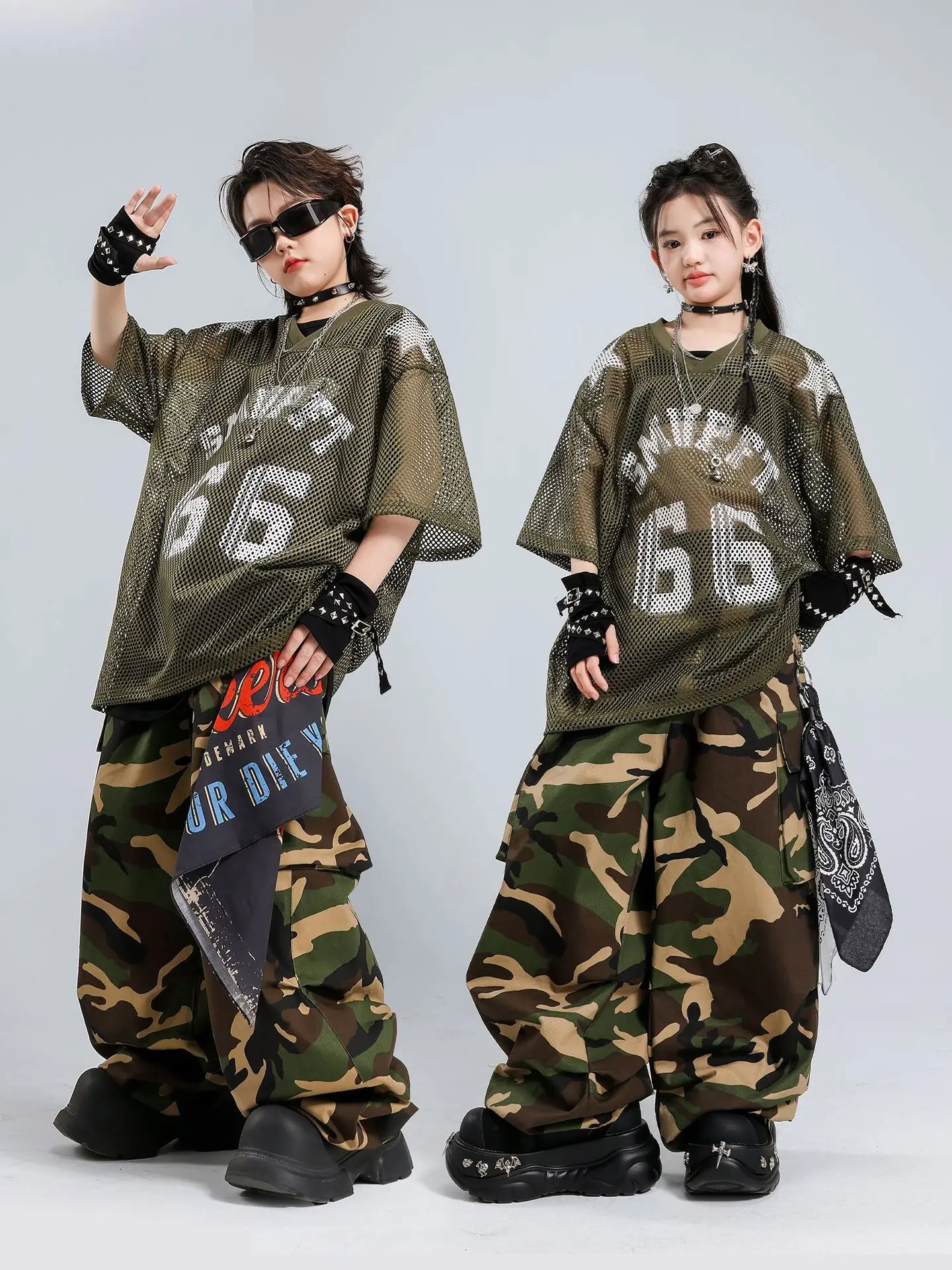 Boys Streetwear Girls Hip Hop Numbers T-shirt Camouflage Cargo Pants Children K-pop Jazz Clothes Sets Kids Street Dance Costumes