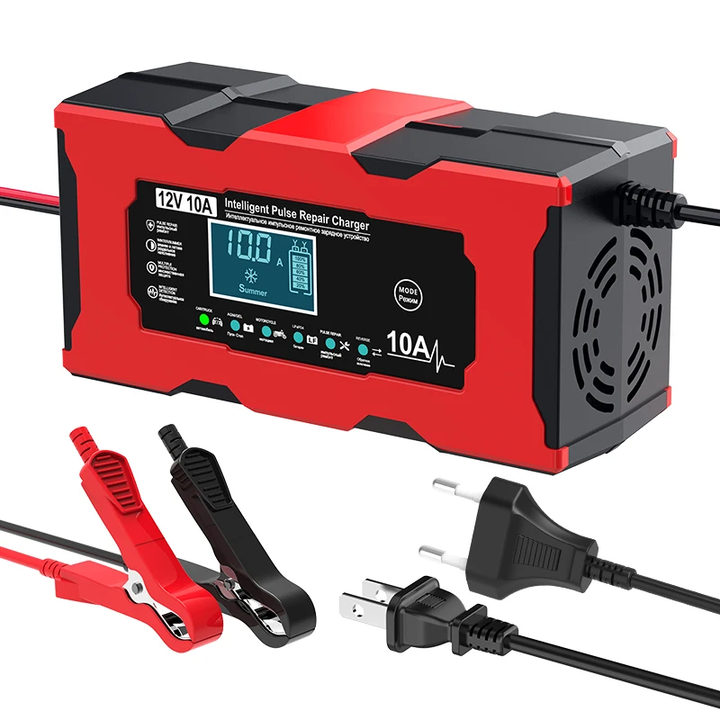 Pengisi Daya Baterai Mobil dan RV 12V 10A Pengisian Cerdas Klip Buaya Layar LCD Untuk Lifepo4 Asam Timbal AGM GEL