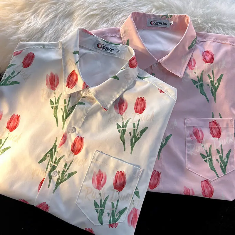 France Romantic Pink Flower Floral Button Up Shirt Loose Casual White Elegant Ladies Blouses Tops Summer Kawaii Hawaii Beach Tee