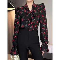 Korean Ladies Fashion Interior Lapping Spring Autumn Long Sleeve Tops Printing Elegant Women's Clothing V-neck 2024 New Blouses