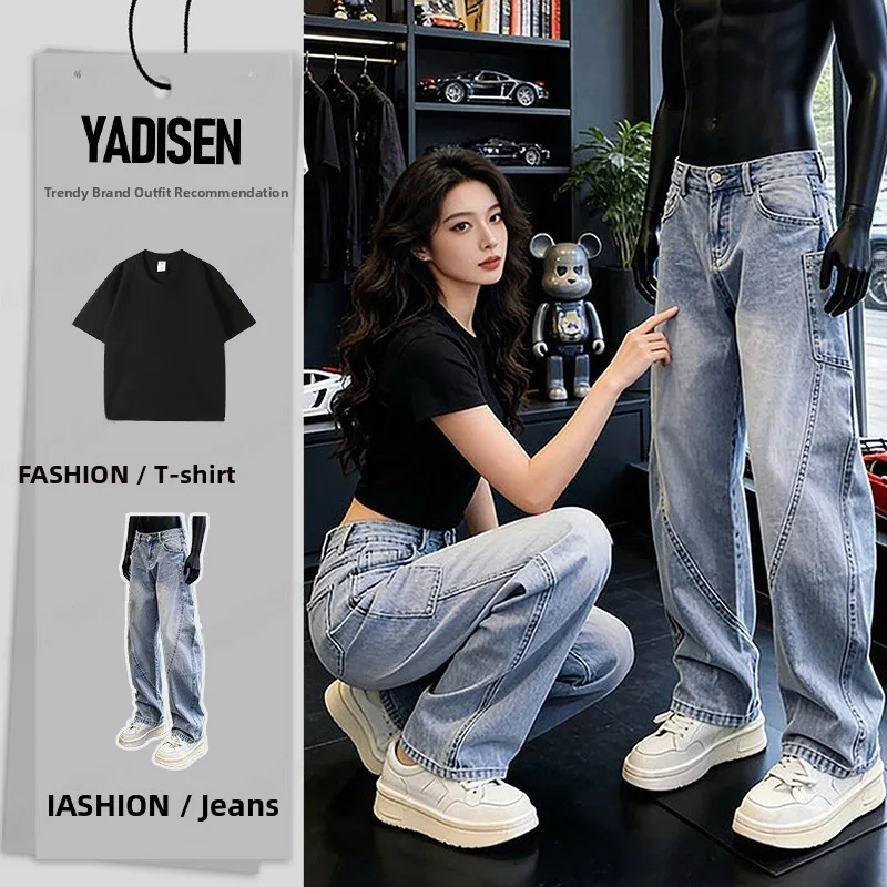 

Blue Washed Men's Knife Jeans Short Sleeve Black Workwear Pants Spring Summer Casual Sportswear Set for Teens