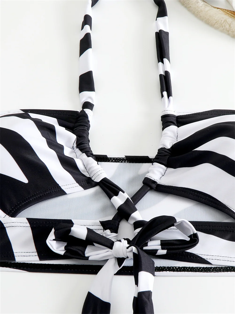 Black and White Zebra Print Bikini Skirt Cover-ups Hollow Out Cross Bandage Swimsuit Women Halter Backless 3 Piece Beach Outfit - view 4