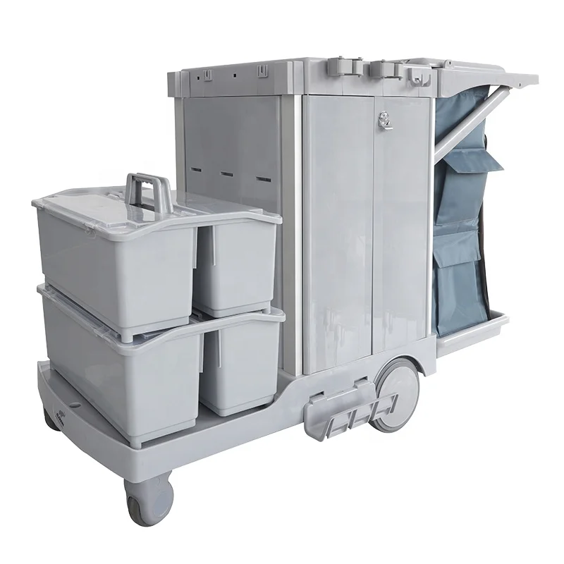 

S65 Hotel Commercial Cleaning Supplier Professional Plastic Compact Janitorial Garbage Cleaning Cart With Recycle Trash Bins