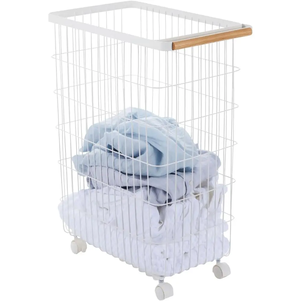 

Домашняя тонкая складная корзина для белья на колесиках | Сталь + Дерево | Корзина для белья, один размер, белая